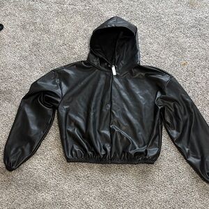 Black Faux Leather Hooded Jacket